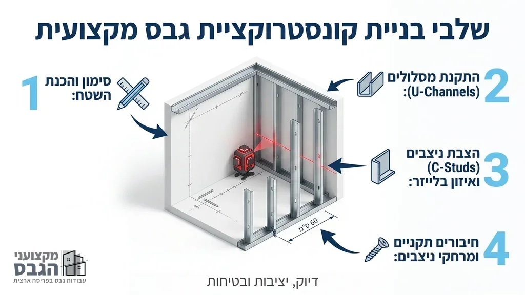 שלבי בניית קיר גבס מקצועי כולל קונסטרוקציית מתכת