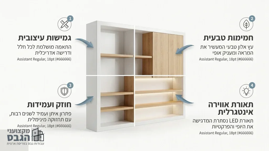ספריות גבס בשילוב עץ טבעי ותאורה